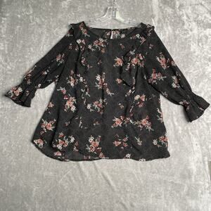 Torrid Sheer Blouse Womens 0 0X Tunic Top Floral Black 3/4 Sleeve Chiffon Boho
